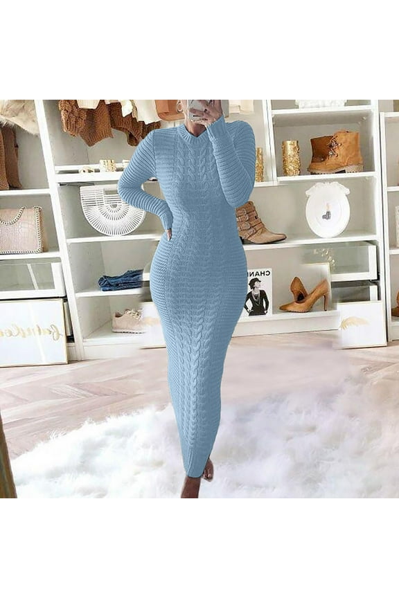 Dresses for Women 2025,Maxi Dresses Autumn And Winter Sweater Fashion Long Sleeved Woolen Dress Long Sleeve Dress,Bodycon Dresses,Blue 2 Dress,Petite Dresses M