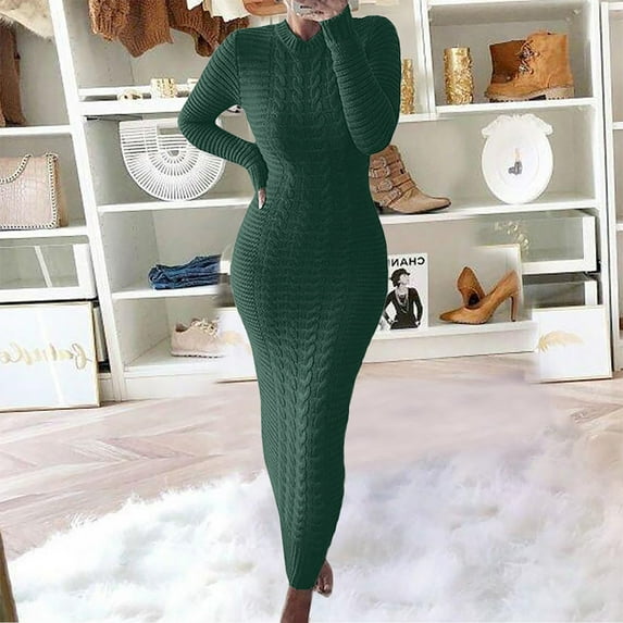 GZWYHT Dresses for Women 2025,Maxi Dresses Autumn And Winter Sweater Fashion Long Sleeved Woolen Dress Long Sleeve Dress,Bodycon Dresses,Green Dress,Petite Dresses L