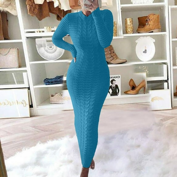 GZWYHT Dresses for Women 2025,Maxi Dresses Autumn And Winter Sweater Fashion Long Sleeved Woolen Dress Long Sleeve Dress,Bodycon Dresses,Light Blue Dress,Petite Dresses 2XL
