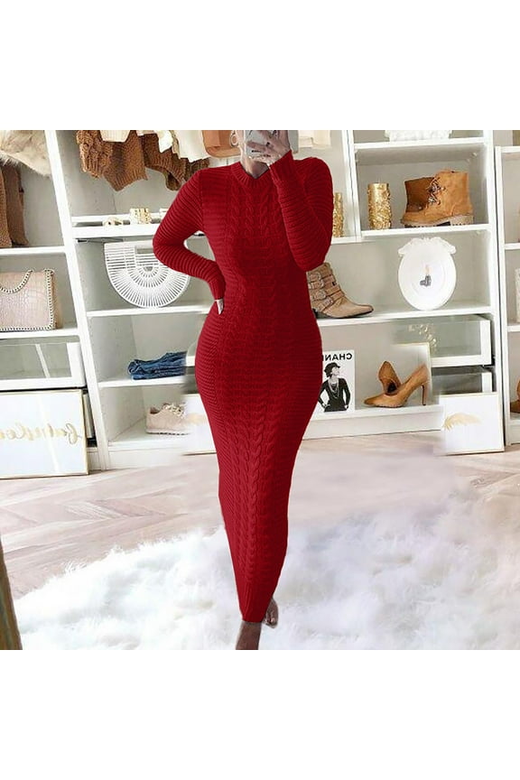 Dresses for Women 2025,Maxi Dresses Autumn And Winter Sweater Fashion Long Sleeved Woolen Dress Long Sleeve Dress,Bodycon Dresses,Wine Dress,Petite Dresses M