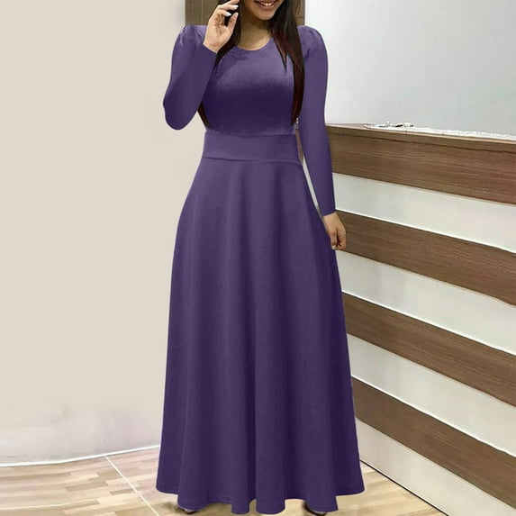 GZWYHT Dresses for Women 2025,Maxi Dresses Women Casual Solid Long Sleeve Round Neck Dress Big Swing Long Dress Long Sleeve Dress,Casual Dresses,Purple Dress,Vacation Dresses 2XL