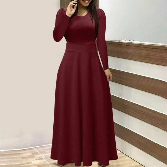 GZWYHT Dresses for Women 2025,Maxi Dresses Women Casual Solid Long Sleeve Round Neck Dress Big Swing Long Dress Long Sleeve Dress,Casual Dresses,Wine Dress,Vacation Dresses 2XL