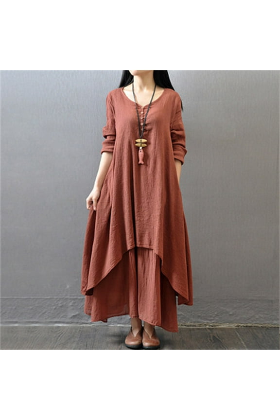Dresses for Women 2025,Maxi Dresses Women's Spring And Autumn Vacation Two Piece Art Flax Loose Sleeve Dress Spring Dresses,Long Sleeve Dress,Wine Dress,Flowy Dresses M