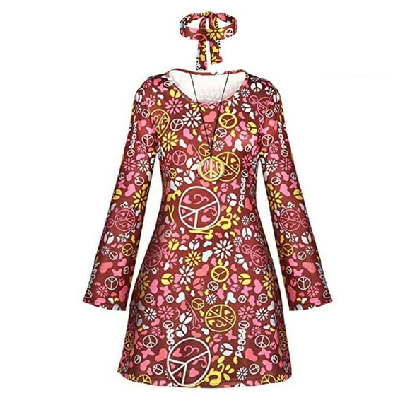 GZWYHT Dresses for Women 2025,Midi Dresses 70s 60s Hippie Skirt Headband Set 70s Costume Halloween Women Disco Costume Girl Floral Dress,Boho Dresses,Red Dress,Long Sleeve Dress XL