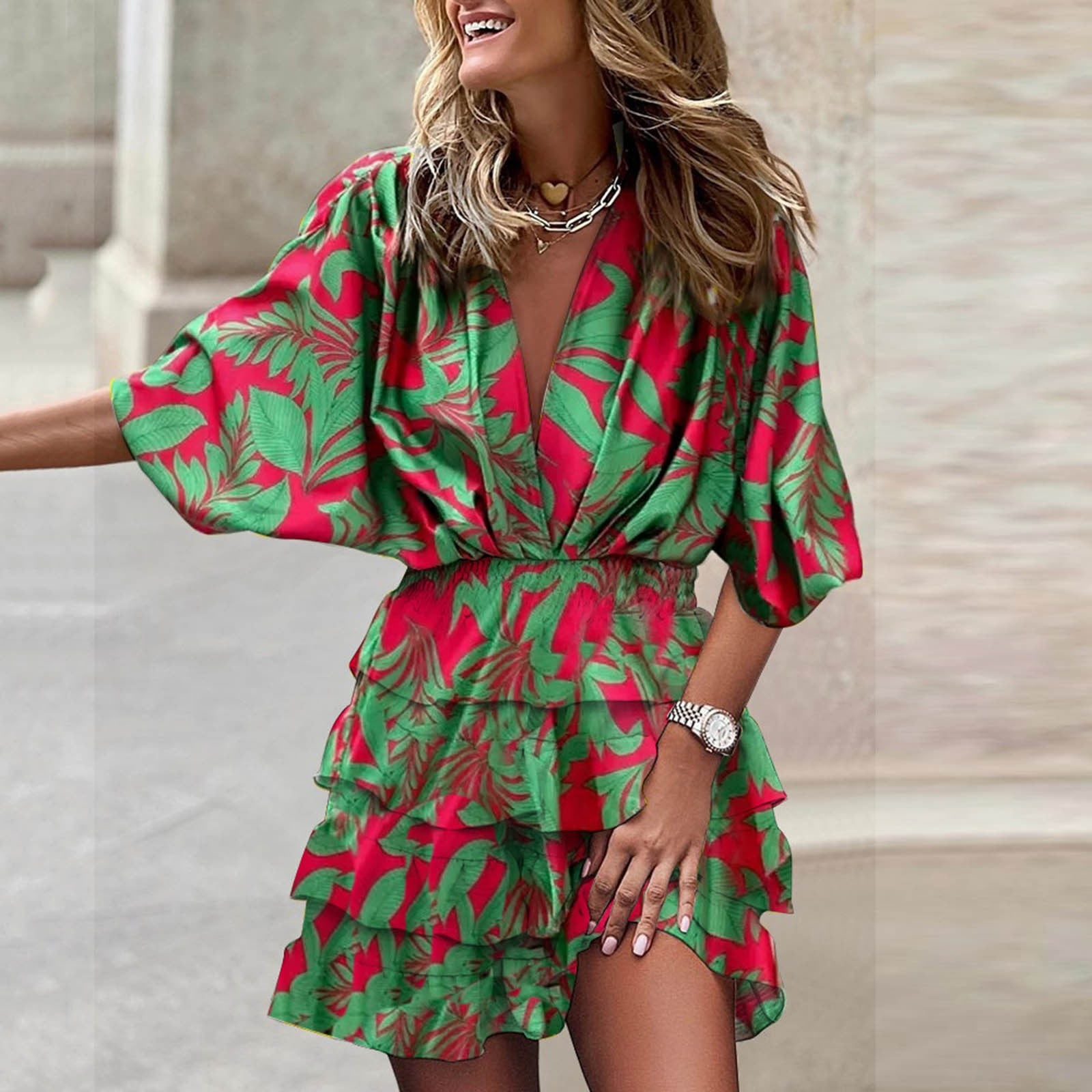 EsEiCo Womens V-Neck Shirred Waist Loose Short Dress Wrap
