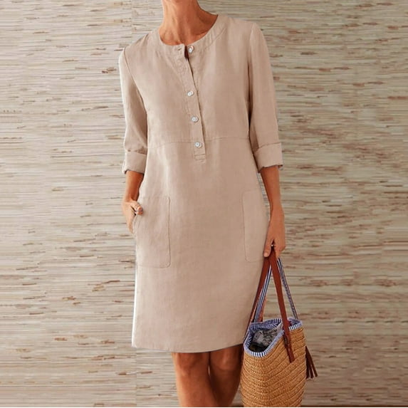 GZWYHT Dresses for Women 2025,Plus Size Dresses Button Shirt Dress Crewneck Long Sleeve Casual Loose Dresses With Two Pockets Midi Dresses,Long Sleeve Dress,Khaki Dress,Linen Dresses M