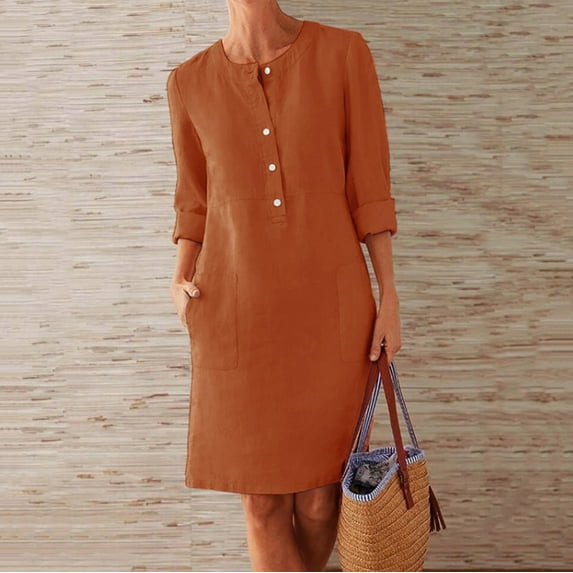 GZWYHT Dresses for Women 2025,Plus Size Dresses Cotton And Linen Button Shirt Dress Crewneck Long Sleeve Casual Loose Dresses With Two Pockets Midi Dresses,Long Sleeve Dress,B Dress,Linen Dresses 4XL