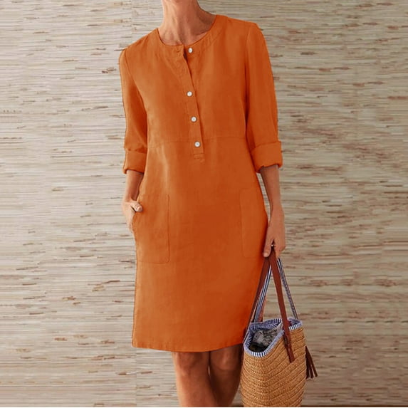 GZWYHT Dresses for Women 2025,Plus Size Dresses Cotton And Linen Button Shirt Dress Crewneck Long Sleeve Casual Loose Dresses With Two Pockets Midi Dresses,Long Sleeve Dress,A Dress,Linen Dresses XL