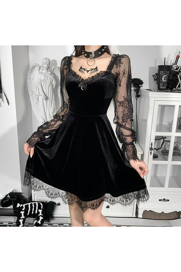 Dresses for Women 2025,Prom Dresses Women Black Transparent Sleeve Dress Punk Lace Bandage Gothic Dress Formal Dresses,Midi Dresses,Black Dress,Graduation Dress M