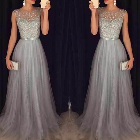 GZWYHT Dresses for Women 2025,Prom Dresses Women Elegant Formal Party Mesh Sleeveless High Waist Sequins Shinning Wedding Prom Gown Long Dress Sequin Dress,Formal Dresses,Gray Dress,Graduation Dress L