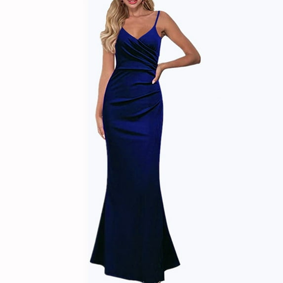 GZWYHT Dresses for Women 2025,Prom Dresses Women's solid color slim show Suspender large swing long dress gown skirt Formal Dresses,Graduation Dress,Blue Dress,Flowy Dresses XL