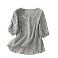 thumbnail image 1 of GZWYHT Embroidered 3/4 Sleeve Boho Tops Gauze Shirts Plus Size Linen Tops Peasant Blouse Gauze Popover Tops for Women Linen Clothing for Women Loose Fit Tee Shirt Women Gray L, 1 of 6