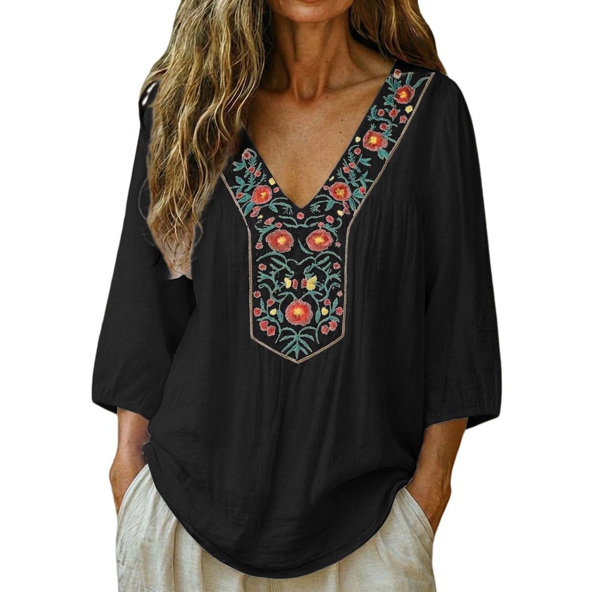 Embroidered Linen Shirts for Women Women's Tops Cotton Peasant Tops for Women Peasant Blouse Boho Peasant Gauze Blouses Oversized Linen Shirts for Women Black M