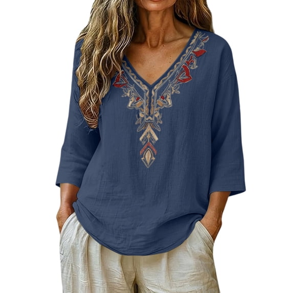 GZWYHT Embroidered Linen Tops for Women Cotton Peasant Tops Embroidered Tunic Pullover Shirts Muslin Shirt Women Floral Embroidered Top Plus Size Gauze Tops Blue 2XL