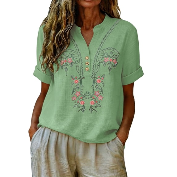 GZWYHT Embroidered Linen Tops For Women,Spring Tops Cotton Tops for Women Eyelet Embroidery Floral Tunic Short Sleeve Trendy Retro Embroidered V-Neck Dressy Casual Green M