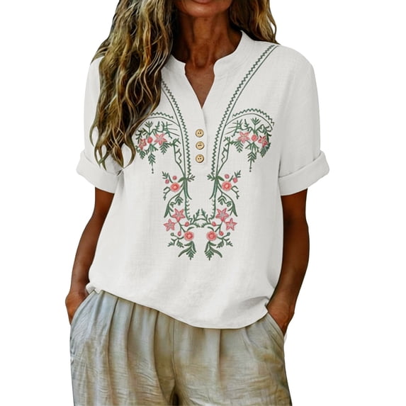 GZWYHT Embroidered Tops For Women,Button Down Boho Embroidered Blouses for Women Short Sleeve Shirts for Women Trendy Retro Embroidered Casual Boho Peasant Blouses White 3XL