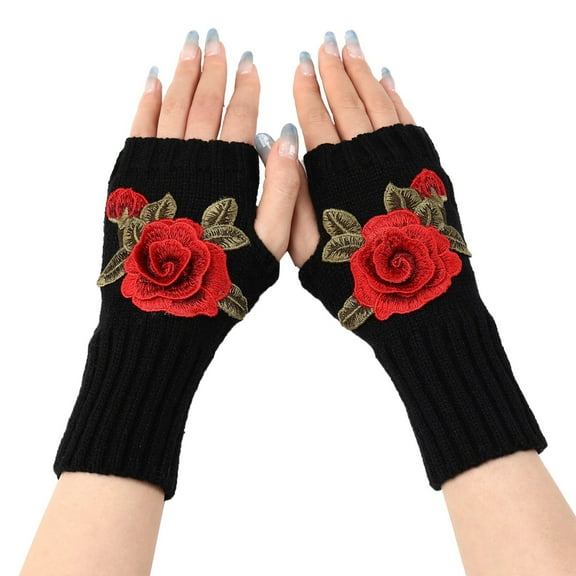 GZWYHT Gloves for Cold Weather,Winter Gloves Ladies Warm Knit Fingerless Gloves Convertible Mittens Fashion Flowers Fingerless Gloves,Work Gloves,Gloves for Women Black