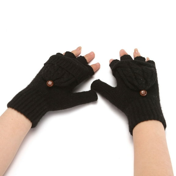 GZWYHT Gloves for Cold Weather,Winter Gloves Winter Fashion Solid Color Knit Button Flip Cute Dual Use Warm Half Finger Gloves Fingerless Gloves,Work Gloves,Gloves for Women Black
