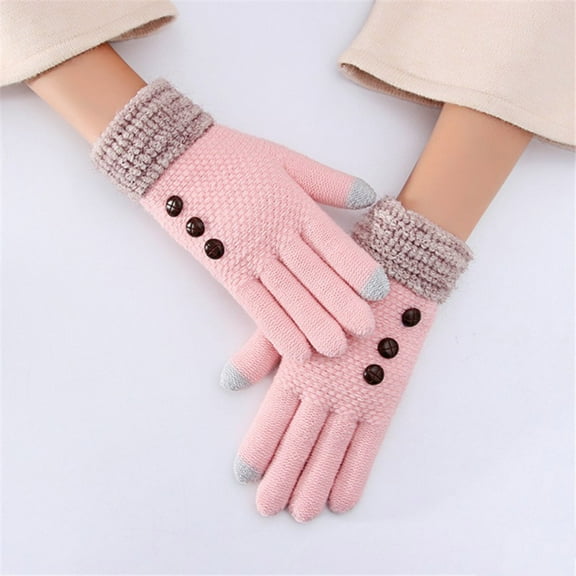 GZWYHT Gloves for Cold Weather,Winter Gloves Women Autumn And Winter Simple Button Decorated Wool Knit Five Finger Touching Screen Gloves Fingerless Gloves,Work Gloves,Gloves for Women Pink