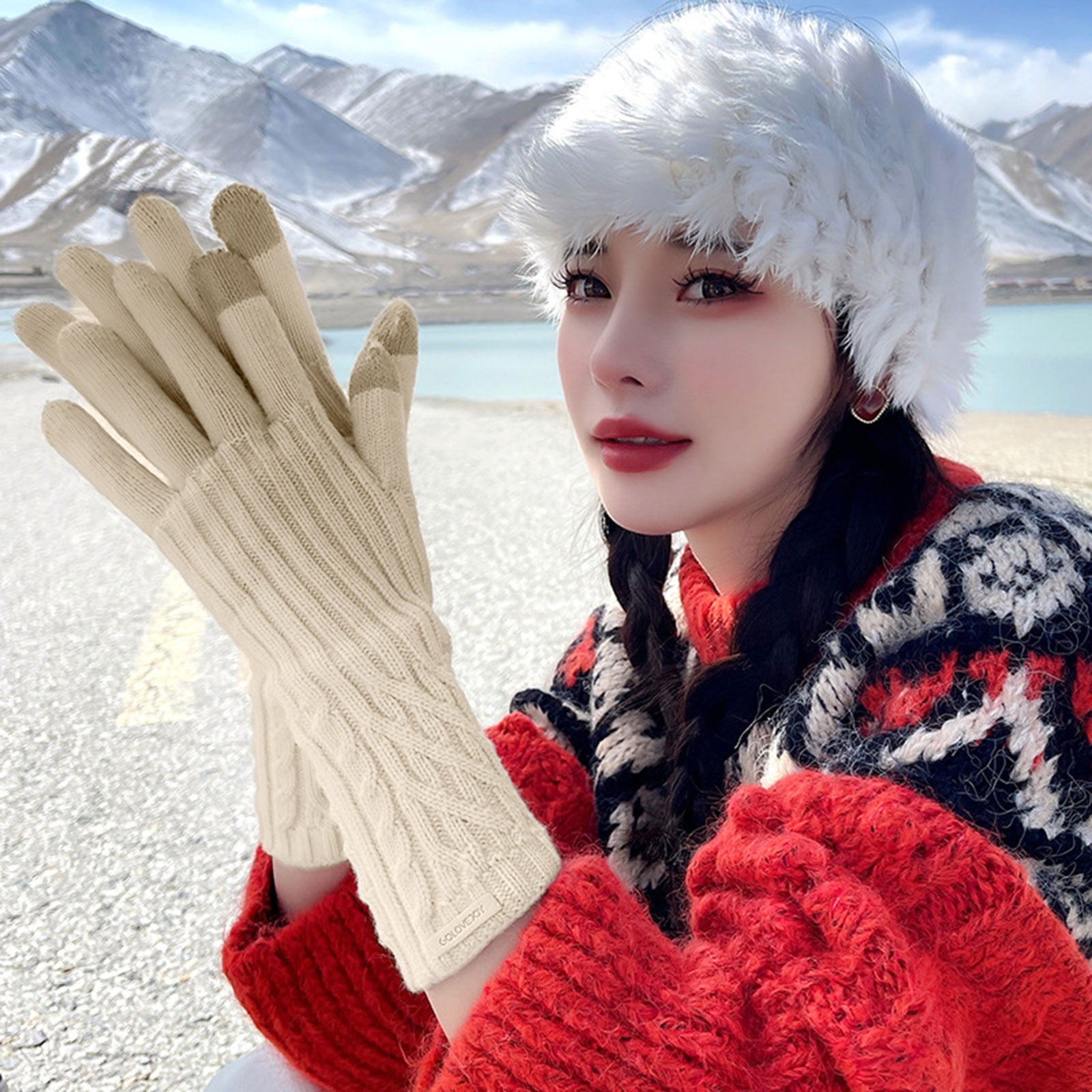 GZWYHT Gloves for Cold Weather Winter Gloves Winter Lingge Long Wristband Woven Two Finger Screen Gloves For Women Fingerless Gloves Work