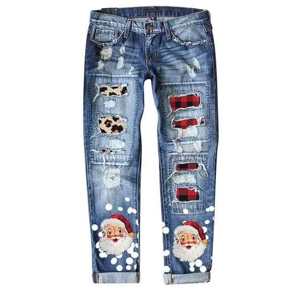 GZWYHT Jeans for Women,Petite Pants,Christmas Tree Print Lattice Patchwork Ripped Pants Mid Waist Hole Jeans Pants Distressed Washed Christmas Patch Print Denim Pants Trousers,Leggings for Women,Red,L