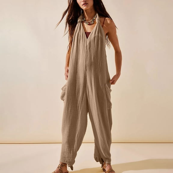 GZWYHT Jumpsuits for Women Overalls for Women Women's Casual Fashion Solid Color V Neck Pocket Sleeveless Jumpsuit Rompers for Women Womens Rompers for Summer Khaki S
