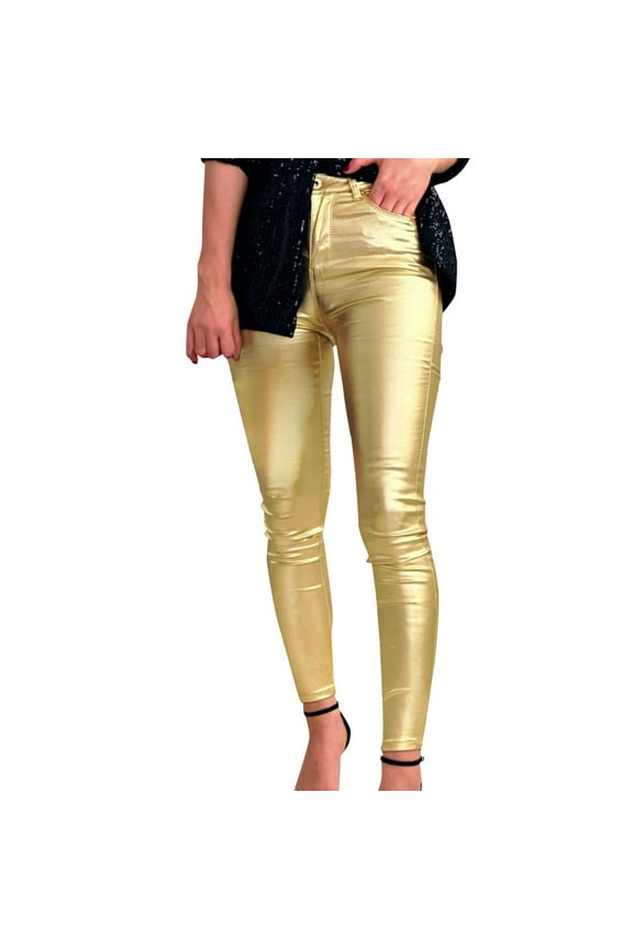 Leggings for Women,Petite Pants,Women's Sexy Mid Waist Faux Leather Leggings Stretch Leather Pleather Pants,Tights for Women,Pants for Women,Work Pants,Gold,XL