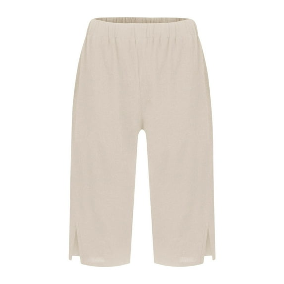 GZWYHT Linen Bermuda Shorts For Women,Summer Casual Elastic Waisted Side Split Button With Pockets Trendy Casual Summer Beach Outfits Knee Length Long Linen Shorts,Beige L