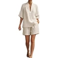 thumbnail image 1 of GZWYHT Linen Outfits Women 2 Piece，Linen Two Piece Set Embroidered Tops Bohemian Sets Embroidered Linen Shirt And Pant Capri Pants Linen Matching Set Linen Beach Set Beige 4XL, 1 of 4