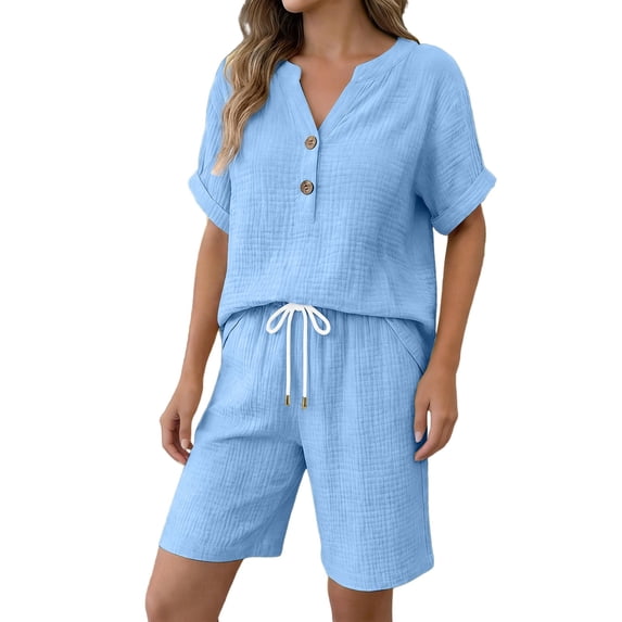 GZWYHT Linen Outfits Women 2 Piece,Travel Outfits Bohemian Sets Cotton Linen Shorts For Women Workout Sets For Women Cotton Summer Sets For Women Linen Matching Set Blue L