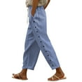 thumbnail image 1 of GZWYHT Linen Pants,Summer Pants,Cotton And Linen Striped Elastic Waistband High Waistband Pocket Pants Side Buttons Nine Point Pants Loose Pants H Shaped Straight Leg Pants,Pants for Women,Blue,M, 1 of 8