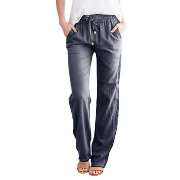 GZWYHT Linen Pants,Wide Leg Pants,Women High Waisted Wide Leg Pants Casual Drawstring Elastic Trousers Comfy Straight Leg Long Pants With Pockets,Flowy Pants,Pants for Women,Baggy Pants,Dark blue,M