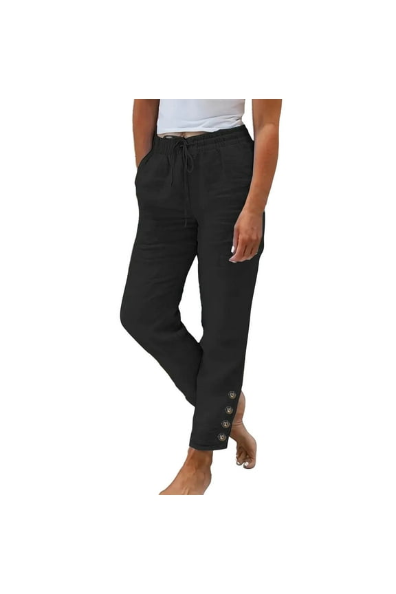 Linen Pants,Yoga Pants Women,Women's Spring Leisure Elastic Solid Straight Tube Casual Button Pants,Workout Leggings,Leggings for Women,Tights for Women,Black,M