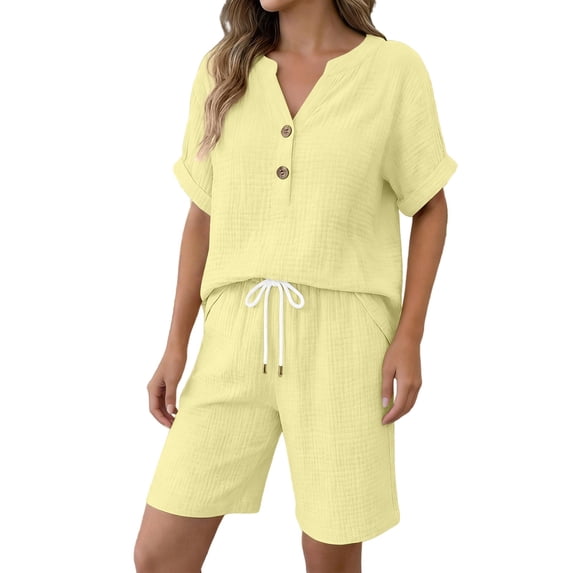 GZWYHT Linen Short Sets For Women 2 Piece,Cotton Short Sets For Women Cotton Summer Sets For Women Sweatsuit Lounge Set Womens Linen Two Piece Set Workout Sets For Women Yellow XL