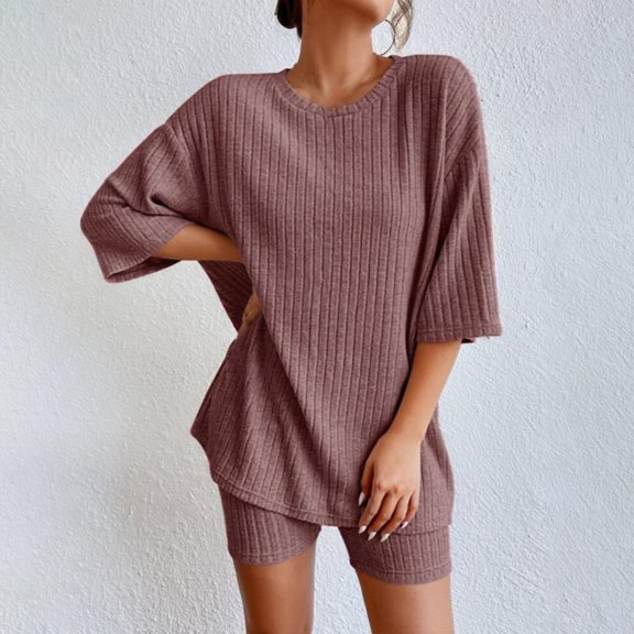 GZWYHT Lounge Sets for Women Comfy Sets for Women Clothing Pajamas Rib Knit Short Sleeve T Shirt And Shorts Loungewear Summer Two Piece Sets for Women Two Piece Sets for Women Summer Red L