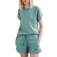 thumbnail image 1 of GZWYHT Lounge Sets for Women Comfy Sets for Women Clothing Women's Shorts Cotton Linen Retro Fashion Top Drawstring Shorts Set Two Piece Sets for Women Two Piece Sets for Women Summer GN2 M, 1 of 8
