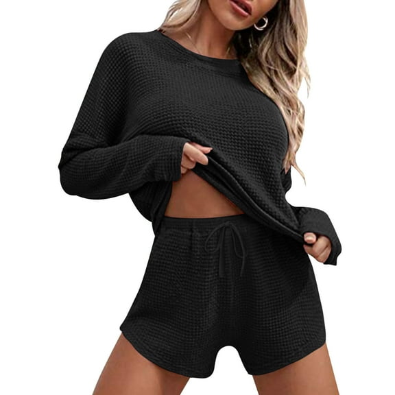 GZWYHT Lounge Sets for Women Womens Pajama Sets Womens Knitted Pajamas Suit Long Sleeved Top And Shorts Casual Wear Suit Sports Suit Loungewear Sets Woman Comfy Sets for Women Clothing Black M