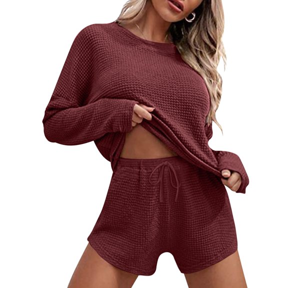 GZWYHT Lounge Sets for Women Womens Pajama Sets Womens Knitted Pajamas Suit Long Sleeved Top And Shorts Casual Wear Suit Sports Suit Loungewear Sets Woman Comfy Sets for Women Clothing Red L