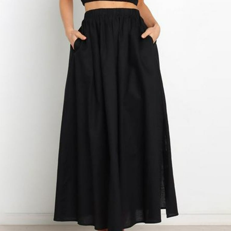 【iiort】Maxi Skirt Black Long Skirt Black Solid Maxi Waist Foldover Full Length Light