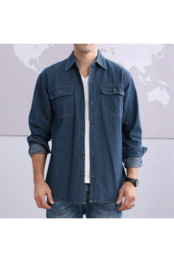 Mens Casual Button Down Shirts,Mens Shirts Men Long Sleeve Autumn Winter Casual Denim Shirts Fashion Top Blouse Shirts Long Sleeve Shirts,Big And Tall Shirts Dark blue L