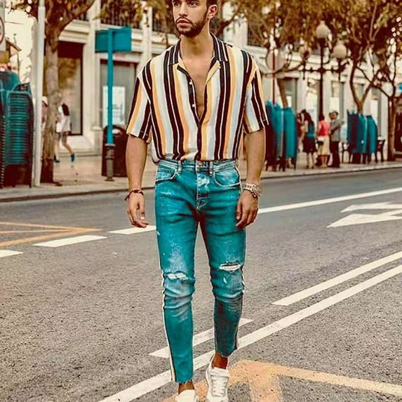 GZWYHT Mens Casual Button Down Shirts,Mens Shirts Men Summer Fashion Shirts Casual Striped Shirts Short-Sleeve Top Blouse Big And Tall Shirts,Workout Shirts Yellow S