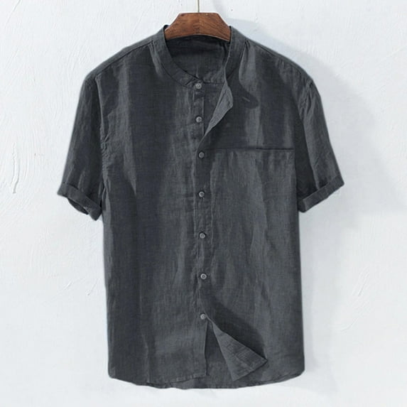 GZWYHT Mens Casual Button Down Shirts,Mens Shirts Men's Baggy Cotton Blend Solid Color Short Sleeve Retro T Shirts Tops Blouse Mens Dress Shirts,Linen Shirts Grey 4XL