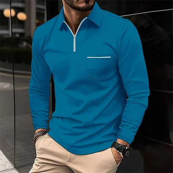 GZWYHT Mens Polo Shirts,Mens Shirts Men's Fashion Spring And Autumn Casual Long Sleeve Zipper Solid Color Long Sleeve T Shirt Top Long Sleeve Shirts,Big And Tall Shirts Blue M
