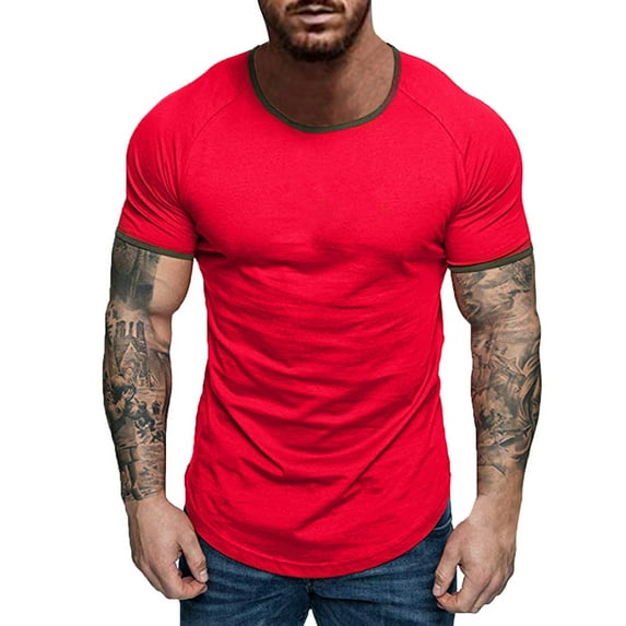 GZWYHT Mens T-Shirts,Compression Shirt Men's Summer Sports Fitness Stitching Round Neck Short Sleeve T-shirt Top Tshirts Shirts,Workout Shirts Red S