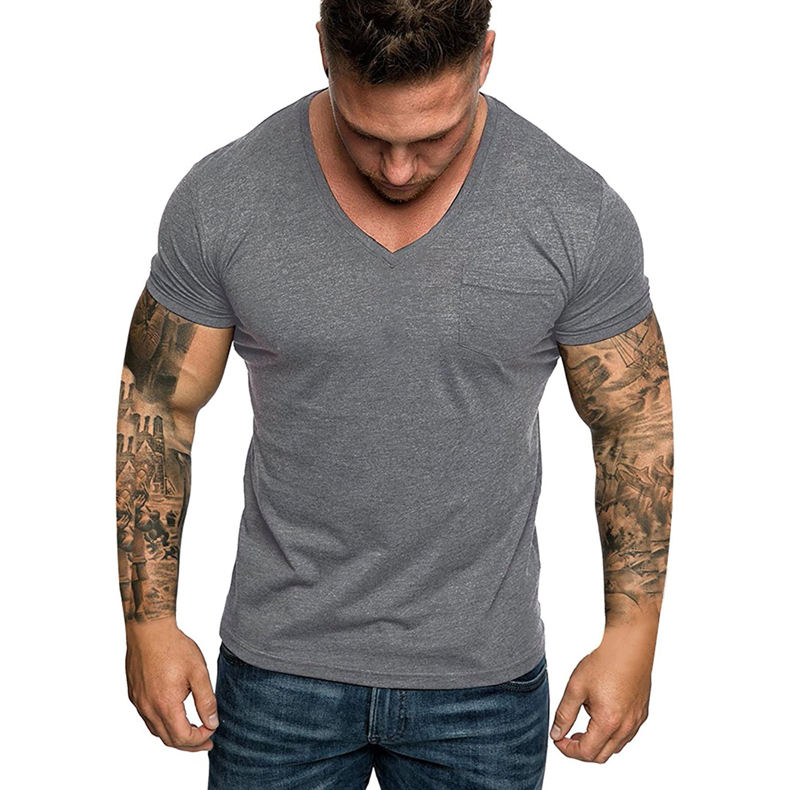 GZWYHT Mens T-Shirts,V Neck T Shirts Men's V-Neck Pocket Striped ...