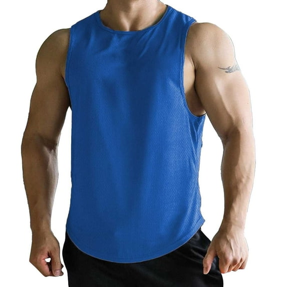 GZWYHT Mens Tank Tops,Compression Shirt Men's Spring/Summer Sports Leisure Muscle Fitness Mesh Breathable Quick Drying Solid Color Sleeveless Tank Top For Men Sleeveless Shirts,Gym Shirts Men Blue L
