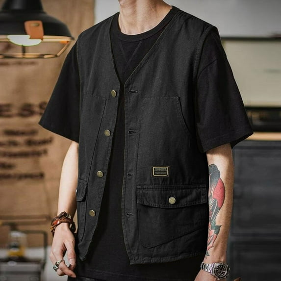 GZWYHT Mens Tank Tops,Sleeveless Shirts Mens Summer Vintage Tooling Vest Sleeveless Vest Outside Wear Folded Vest Jacket Vest for Men,Men Clothing Black XXL