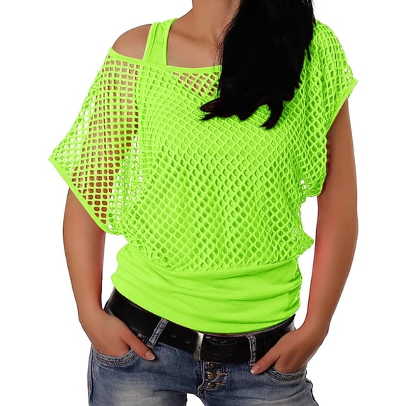 GZWYHT Mesh Top Neon Off The Shoulder Top 90s Outfits for Women Neon Outfit Fishnet Shirt Neon Shirts for Girls 80s Crop Tops Green XL