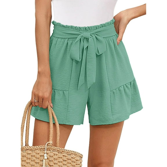 GZWYHT Palazzo Pants Ruffle Shorts Women's Wide Leg Shorts Lightweight High Waisted Adjustable Tie Knot Loose Summer Cute Trousers Features: Shorts for Women Lounge Pants Women Mint Green L