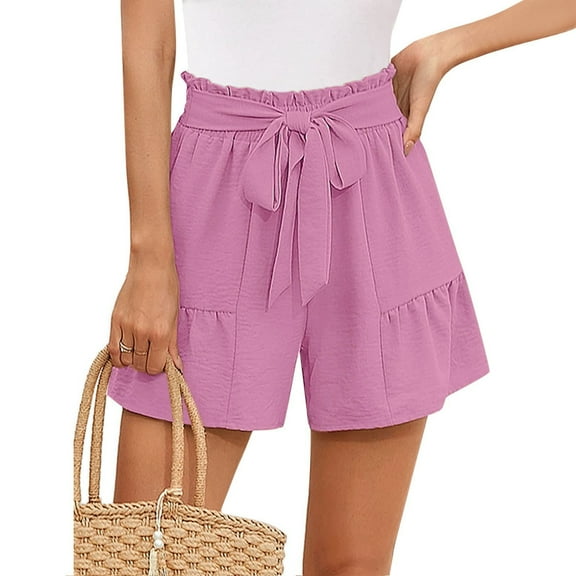 GZWYHT Palazzo Pants Ruffle Shorts Women's Wide Leg Shorts Without Pockets Lightweight High Waisted Adjustable Tie Knot Loose Summer Cute Trousers Features: Shorts for Women Lounge Pants Women Pink S